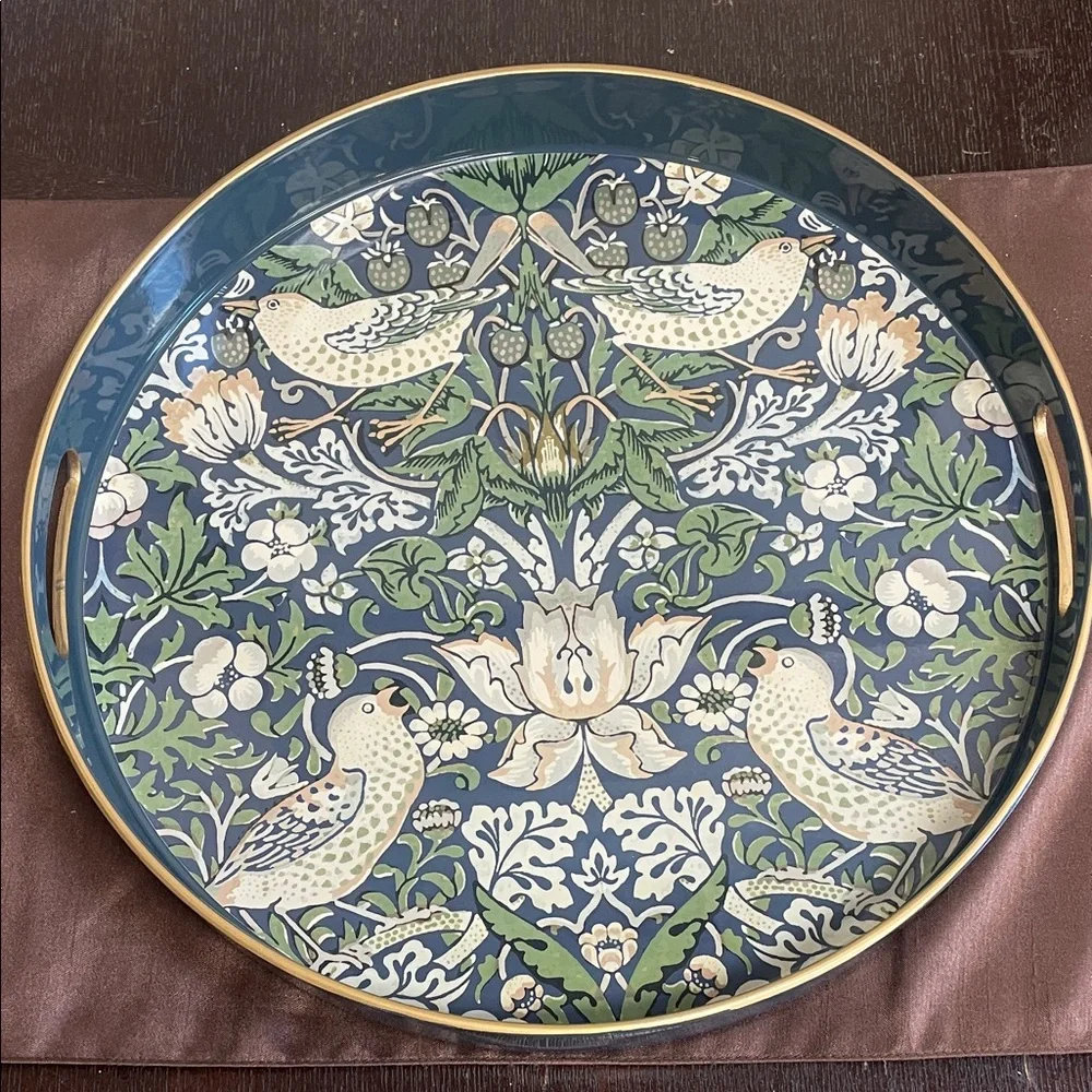 Decorative Bird & Floral Serving Tray in Blue and Green with Gold Trim